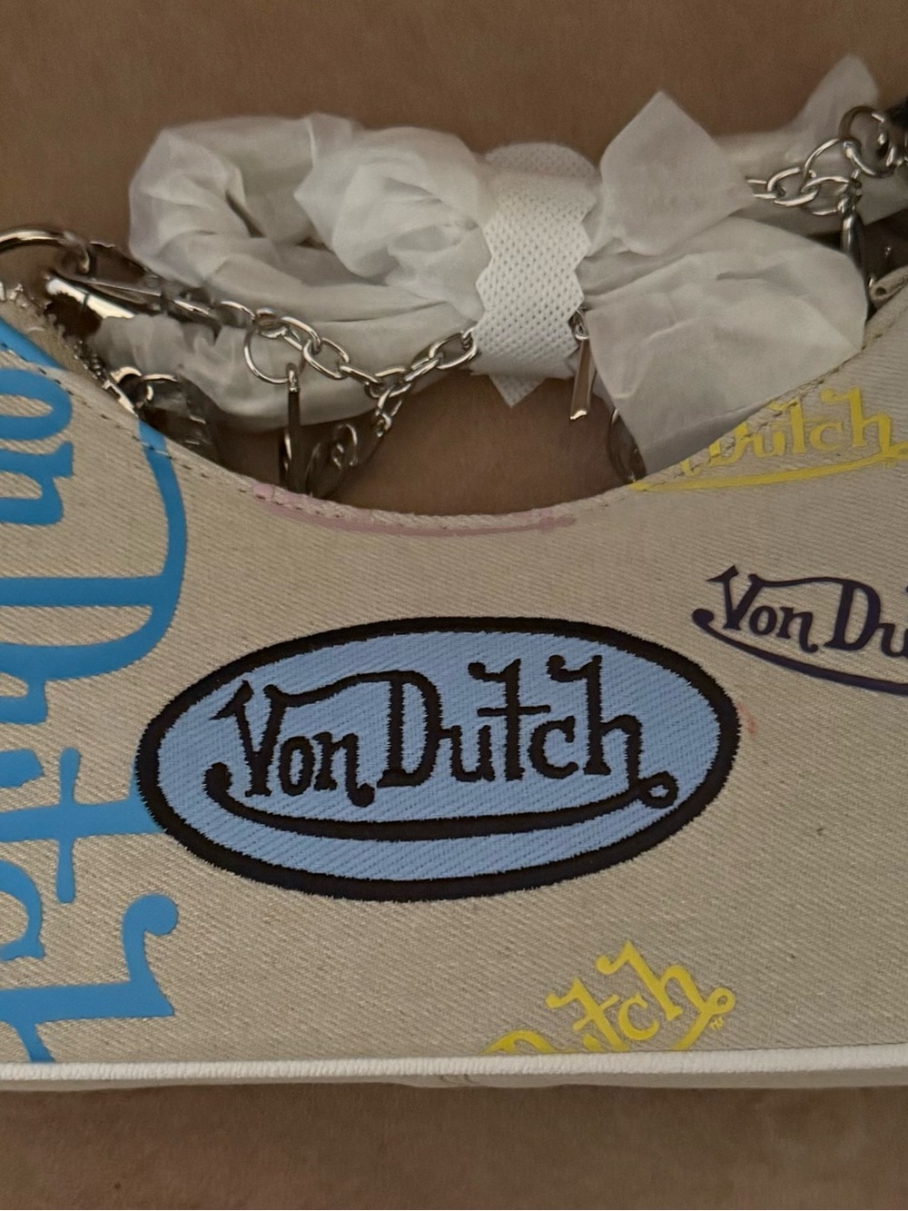 Von Dutch Beige Canvas Shoulder Bag with Blue, Yellow and Purple Logos